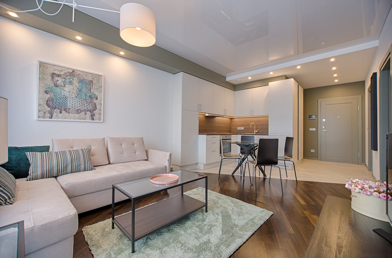 house interior with brown floors and white cabinets