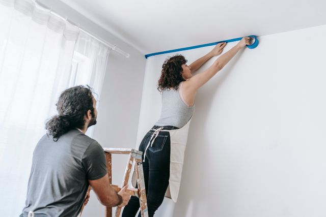 person putting painters tape on a wall